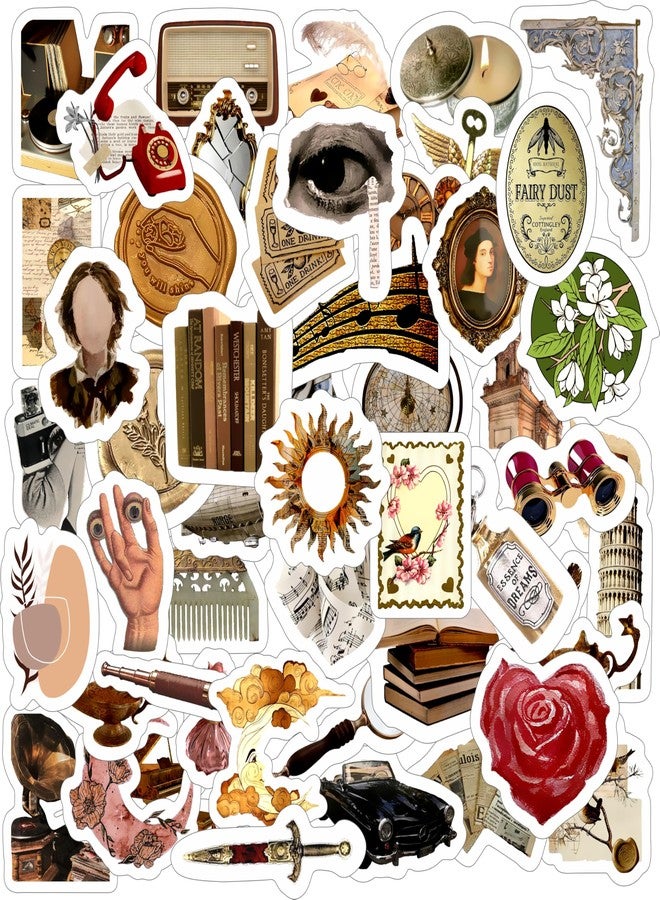 True Flair Trueflair Pack of 52 Vintage Vinyl Laptop Stickers, Random Designs, for Scrapbook, Journal, Diary, Journalling, Mobile, Waterproof, Self-Adhesive (Vintage Design 6) - Image 1